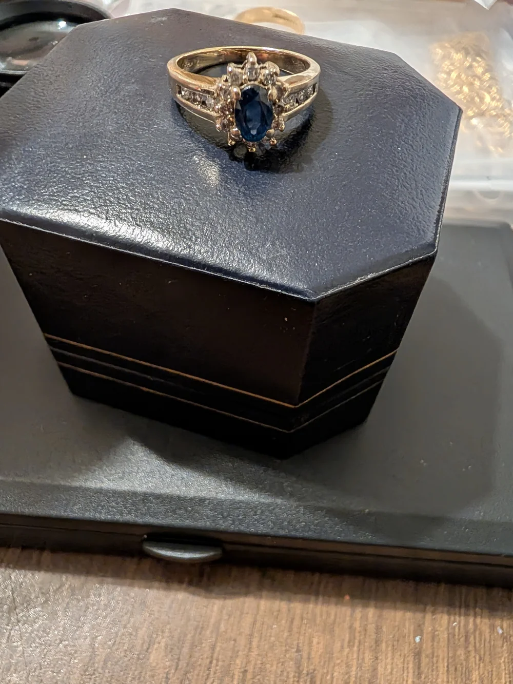 Gold Sapphire Halo Ring with Clear Accent Stones